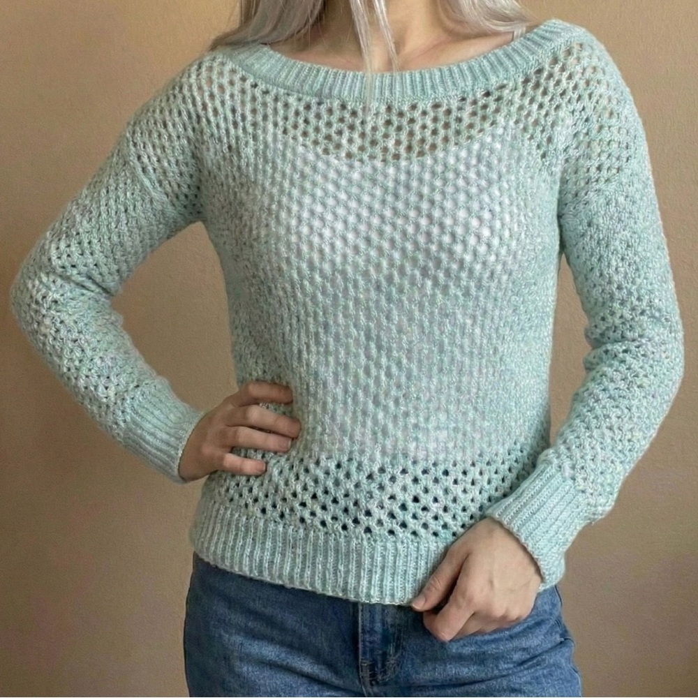 Victoria’s Secret Open Knit Sweater Mint Seafoam Boatneck Beach Cover S LIKE NEW